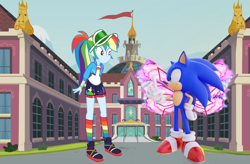 Size: 2032x1337 | Tagged: safe, artist:digimonlover101, artist:ravecrocker, artist:user15432, derpibooru import, rainbow dash, hedgehog, human, equestria girls, festival filters, spoiler:eqg series (season 2), barely eqg related, canterlot high, clothes, crossover, fairy, fairy wings, female, high school, male, palindrome get, rainbow socks, sega, shoes, sneakers, socks, sonic the hedgehog, sonic the hedgehog (series), sonicdash, straight, striped socks, wings