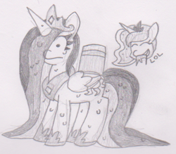 Size: 503x440 | Tagged: safe, artist:threetwotwo32232, princess celestia, princess luna, alicorn, pony, bucket, clothes, crown, giggling, horn, jewelry, lol, monochrome, necklace, newbie artist training grounds, o.o, pencil drawing, prank, princess luna laughs at your misery, regalia, royal sisters, shoes, this will end in tears and/or a journey to the moon, traditional art, wet, wet mane, wings, xd