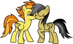 Size: 7000x4291 | Tagged: safe, artist:icey-wicey-1517, artist:n0kkun, color edit, derpibooru import, edit, daring do, spitfire, pegasus, pony, collaboration, bedroom eyes, colored, daringfire, eyes closed, female, kissing, lesbian, mare, raised hoof, shipping, simple background, transparent background