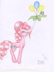 Size: 2392x3184 | Tagged: safe, artist:gree3, gummy, pinkie pie, earth pony, pony, balloon, pronking, traditional art