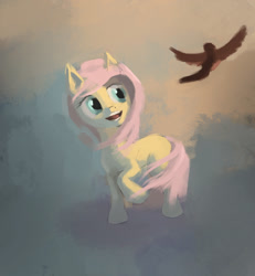 Size: 1056x1142 | Tagged: safe, artist:mobiusa, fluttershy, bird, pegasus, pony, abstract background, head turn, looking at something, looking up, missing cutie mark, open mouth, raised hoof, smiling, solo, windswept hair, windswept mane, wingless