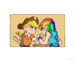 Size: 5906x4724 | Tagged: safe, artist:满天星小面包, derpibooru import, applejack, rainbow dash, human, arm wrestling, duo, female, humanized