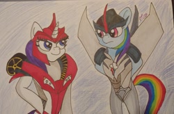 Size: 2758x1813 | Tagged: safe, artist:iffoundreturntorarity, derpibooru import, rainbow dash, rarity, pegasus, pony, semi-anthro, unicorn, atg 2019, duo, knockout, newbie artist training grounds, starscream, traditional art, transformers, transformers prime