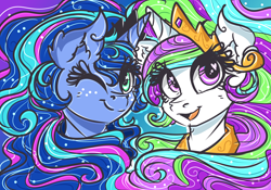 Size: 2490x1740 | Tagged: safe, artist:karmamoonshadow, princess celestia, princess luna, alicorn, pony, duo, heart eyes, one eye closed, smiling, starry eyes, wingding eyes, wink, younger