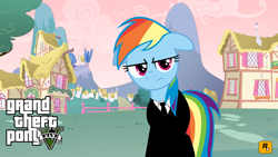 Size: 1024x576 | Tagged: safe, derpibooru import, rainbow dash, pegasus, pony, clothes, grand theft auto, gta v, looking forward, ponyville, suit, wallpaper