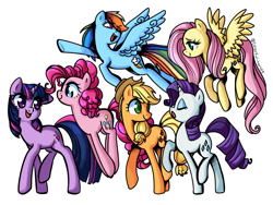 Size: 1280x960 | Tagged: safe, artist:colorful-horses, derpibooru import, applejack, fluttershy, pinkie pie, rainbow dash, rarity, twilight sparkle, unicorn twilight, earth pony, pegasus, pony, unicorn, cowboy hat, cute, eyes closed, female, flying, hat, mane six, mare, open mouth, profile, simple background, white background