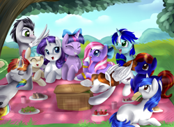 Size: 3509x2550 | Tagged: safe, artist:pridark, derpibooru import, coco pommel, rarity, twilight sparkle, twilight sparkle (alicorn), oc, alicorn, pony, unicorn, blushing, female, hair bow, levitation, magic, mare, picnic