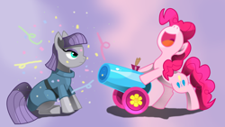 Size: 2920x1644 | Tagged: safe, artist:angelwaveo6, maud pie, pinkie pie, earth pony, pony, the gift of the maud pie, confetti, party cannon