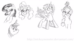 Size: 2684x1498 | Tagged: safe, artist:mickeymonster, applejack, pinkie pie, rarity, twilight sparkle, twilight sparkle (alicorn), alicorn, earth pony, pony, unicorn, female, mare, monochrome, silly, silly pony, sketch