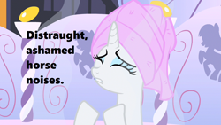 Size: 1280x720 | Tagged: safe, edit, edited screencap, screencap, rarity, pony, unicorn, green isn't your color, season 1, descriptive noise, horse noises, ponyville spa, solo, steam, text, towel