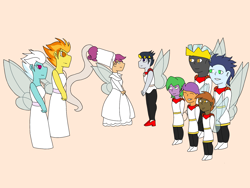 Size: 2048x1536 | Tagged: safe, artist:mintymelody, derpibooru import, button mash, rumble, scootaloo, soarin', spike, spitfire, tender taps, thunderlane, anthro, clothes, dress, fairy, female, male, marriage, rumbloo, shipping, straight, thumbelina, tomboy taming, wedding, wedding dress, wedding veil