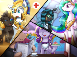 Size: 1067x800 | Tagged: safe, artist:vavacung, part of a series, princess celestia, queen chrysalis, alicorn, changeling, changeling queen, earth pony, pony, comic:misguided love, comic, female, male, red cross, royal guard, story included