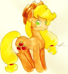 Size: 779x855 | Tagged: safe, artist:chiuuchiuu, applejack, earth pony, pony, looking at you, simple background, solo, traditional art, watercolor painting