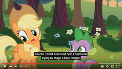 Size: 854x480 | Tagged: safe, screencap, applejack, spike, dragon, earth pony, pony, spike at your service, female, male, mare, meme, temple, youtube caption