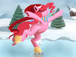 Size: 1600x1200 | Tagged: safe, artist:pajama-ham, pinkie pie, earth pony, pony, clothes, holly, holly mistaken for mistletoe, ice skates, ice skating, missing cutie mark, scarf, snow, solo, winter