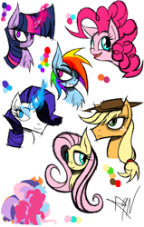 Size: 888x1400 | Tagged: safe, artist:didun850, derpibooru import, applejack, fluttershy, pinkie pie, rainbow dash, rarity, twilight sparkle, unicorn twilight, earth pony, pegasus, pony, unicorn, bags under eyes, chest fluff, curved horn, eyeliner, female, freckles, glowing horn, grin, hair over one eye, hat, horn, makeup, mane six, mare, raised hoof, reference sheet, signature, smiling