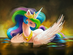 Size: 1000x750 | Tagged: safe, artist:tsaoshin, princess celestia, alicorn, pony, eyes closed, female, mare, oil painting, solo, swanlestia, traditional art, water