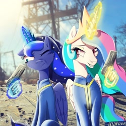 Size: 2160x2160 | Tagged: safe, artist:bellheller, princess celestia, princess luna, alicorn, pony, 10mm pistol, clothes, duo, fallout 4, gun, hand, jumpsuit, magic, magic hands, no trigger discipline, super best friends play, telekinesis, this will end in death, too dumb to live, two best friends play, two best sisters play, vault suit, weapon