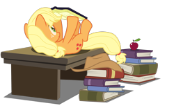 Size: 1536x960 | Tagged: safe, artist:mattbas, applejack, earth pony, pony, twilight's kingdom, apple, book, cute, jackabetes, on back, reading, silly, silly pony, simple background, solo, svg, transparent background, vector