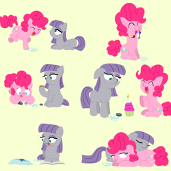 Size: 1000x1000 | Tagged: safe, artist:chrisrainicorn, boulder (pet), maud pie, pinkie pie, earth pony, pony, :t, book, candle, cuddling, cupcake, cute, diapinkes, eating, eyes closed, filly, floppy ears, food, hoof hold, maudabetes, nom, open mouth, prone, puffy cheeks, reading, rock candy necklace, sisters, sitting, sleeping, smiling, snuggling, when she smiles, wide eyes