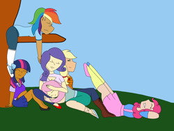 Size: 2048x1536 | Tagged: safe, artist:mintymelody, derpibooru import, applejack, fluttershy, pinkie pie, rainbow dash, rarity, twilight sparkle, human, humanized, mane six, sleeping