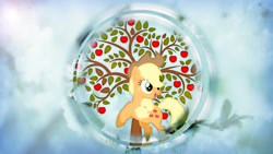 Size: 1920x1080 | Tagged: safe, artist:pinkiejay, derpibooru import, applejack, earth pony, pony, apple, food, solo, tree, vector, wallpaper