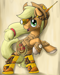 Size: 1280x1600 | Tagged: safe, artist:niegelvonwolf, applejack, earth pony, pony, clothes, monocle, rearing, rope, solo, steampunk