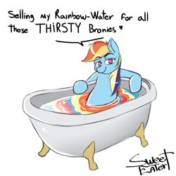 Size: 676x676 | Tagged: safe, artist:sweeteater, derpibooru import, rainbow dash, pegasus, pony, bath, bath water, bathtub, belle delphine, claw foot bathtub, dialogue, female, looking at you, mare, meme, rainbow water, sexy, simple background, solo, stupid sexy rainbow dash, white background