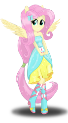 Size: 1621x2940 | Tagged: safe, artist:deannaphantom13, fluttershy, equestria girls, bare shoulders, boots, fall formal outfits, high heel boots, ponied up, ponytail, sleeveless, solo, strapless