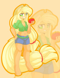 Size: 1640x2149 | Tagged: safe, artist:arachne149, applejack, anthro, unguligrade anthro, apple, applerack, belly button, breasts, cleavage, clothes, female, front knot midriff, grin, hand on hip, midriff, shorts, solo, wingding eyes, zoom layer