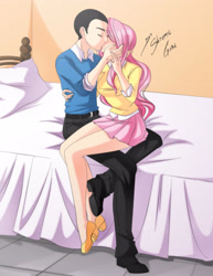 Size: 2153x2786 | Tagged: safe, artist:shinta-girl, fluttershy, oc, oc:manu, equestria girls, canon x oc, clothes, commission, couple, female, high heels, humanized, kissing, legs, male, manu, miniskirt, pleated skirt, shipping, shoes, skirt, straight, thighs