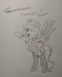 Size: 2425x2986 | Tagged: safe, artist:ponynamedmixtape, oc, oc only, oc:midnight gambit, pegasus, fallout equestria, bipedal, clothes, fanfic in the description, female, garters, grand pegasus enclave, hat, stockings, thigh highs, traditional art, uniform