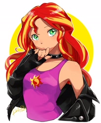 Size: 1682x2048 | Tagged: safe, artist:ku_rimo, sunset shimmer, equestria girls, abstract background, armpits, bishoujo, bust, choker, clothes, cute, female, jacket, kotobukiya sunset shimmer, leather jacket, shimmerbetes, shirt, sleeveless, sleeveless shirt, solo, tanktop