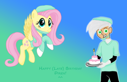 Size: 1970x1277 | Tagged: safe, artist:deannaphantom13, fluttershy, pegasus, pony, birthday, birthday cake, cake, crossover, danny phantom, doctor, doctor fluttershy, food, gloves, happy birthday, hoof gloves, present, rubber gloves, surgeon