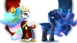 Size: 4800x2700 | Tagged: safe, artist:niegelvonwolf, princess celestia, princess luna, alicorn, pony, absurd resolution, clothes, female, flag, mare, new lunar republic, royal sisters, solar empire