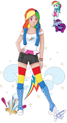 Size: 896x1636 | Tagged: safe, artist:rossgricell, rainbow dash, human, equestria girls, beautiful, boots, clothes, compression shorts, cute, human coloration, miniskirt, shoes, shorts, simple background, skirt, socks, solo, striped socks, thigh highs, transparent background