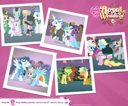 Size: 1920x1600 | Tagged: safe, derpibooru import, apple fritter, applejack, bon bon, bruce mane, carrot top, cloud kicker, coco crusoe, dizzy twister, doctor whooves, eclair créme, fancypants, fine line, golden harvest, lightning bolt, linky, lyra heartstrings, masquerade, maxie, meadow song, minuette, orange swirl, orion, pinkie pie, rainbow dash, rainbowshine, rarity, sea swirl, seafoam, shoeshine, shooting star (character), soarin', spike, star gazer, sweetie belle, sweetie drops, white lightning, dragon, earth pony, pegasus, pony, unicorn, a canterlot wedding, advertisement, apple family member, bow (instrument), bowtie, bridesmaid, bridesmaid dress, cake, clothes, dancing, dress, everyday i'm shufflin', female, flower filly, flower girl, flower girl dress, food, goggles, hat, hub logo, lying down, mare, marriage, musical instrument, my little pony logo, necktie, official, old cutie mark, raripants, royal wedding, soarindash, spikebelle, top hat, tuxedo, uniform, violin, violin bow, wallpaper, wedding, wedding cake, wonderbolts uniform