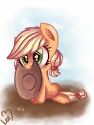 Size: 768x1024 | Tagged: safe, artist:leafa123, applejack, earth pony, pony, cute, filly, jackabetes, mouth hold, nom, solo