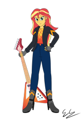 Size: 2400x3600 | Tagged: safe, artist:egstudios93, sunset shimmer, equestria girls, equestria girls series, spoiler:eqg series (season 2), clothes, electric guitar, flying v, guitar, high res, jacket, leather jacket, musical instrument, pants, simple background, solo, transparent background