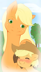 Size: 1268x2196 | Tagged: safe, artist:loure201, applejack, oc, oc:tasty apple, earth pony, pony, accessory swap, blushing, foal, offspring, parent:applejack, parent:cheese sandwich, parents:cheesejack