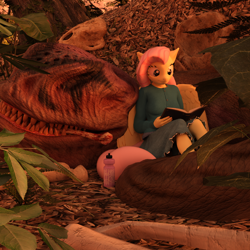 Size: 2000x2000 | Tagged: safe, artist:tahublade7, fluttershy, anthro, worm, 3d, bone, book, clothes, daz studio, forest, monster, skirt, story included, sunset, sweater, sweatershy