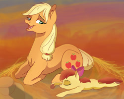 Size: 1500x1200 | Tagged: safe, artist:taneysha, apple bloom, applejack, earth pony, pony, hay bale, prone, sleeping