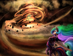 Size: 3000x2286 | Tagged: safe, artist:foughtdragon01, princess celestia, twilight sparkle, twilight sparkle (alicorn), alicorn, pony, crown, debris, female, fire, floppy ears, frown, mare, raised hoof, regalia, rock, scenery, signature, standing, tornado, vortex, wind