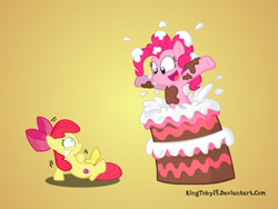 Size: 3556x2667 | Tagged: dead source, safe, artist:kingtoby19, apple bloom, pinkie pie, earth pony, pony, cake, cutie mark, duo, food, heart attack, the cmc's cutie marks