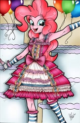 Size: 1024x1582 | Tagged: safe, artist:ponygoddess, part of a set, pinkie pie, equestria girls, armpits, beautiful, bow, clothes, cute, digital colours, dress, frills, gloves, happy, lolita fashion, party, reflective, ribbon, smiling, solo, stockings, sweet lolita