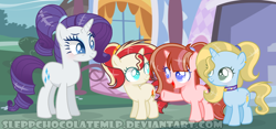 Size: 1024x480 | Tagged: safe, artist:sleppchocolatemlp, rarity, oc, oc:roxana, pony, unicorn, female, filly, offspring, older, parent:prince blueblood, parent:trixie, parents:bluetrix