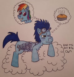 Size: 1322x1381 | Tagged: safe, artist:rapidsnap, derpibooru import, rainbow dash, soarin', pegasus, pony, cloud, female, food, male, pie, shipping, sleepy, soarindash, straight, traditional art