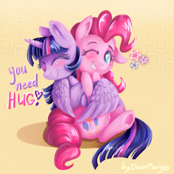 Size: 700x700 | Tagged: safe, artist:dearmary, derpibooru import, pinkie pie, twilight sparkle, twilight sparkle (alicorn), alicorn, earth pony, pony, female, hug, mare, simple background, sitting, underhoof, winghug