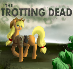 Size: 850x807 | Tagged: safe, artist:muirne, artist:wispywinterwind, applejack, earth pony, pony, zombie, badge, crossover, poster, rick grimes, the trotting dead, the walking dead