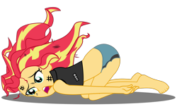 Size: 2000x1242 | Tagged: safe, artist:remcmaximus, sunset shimmer, equestria girls, barefoot, burnt, clothes, d:, face down ass up, feet, female, messy hair, open mouth, simple background, solo, transparent background